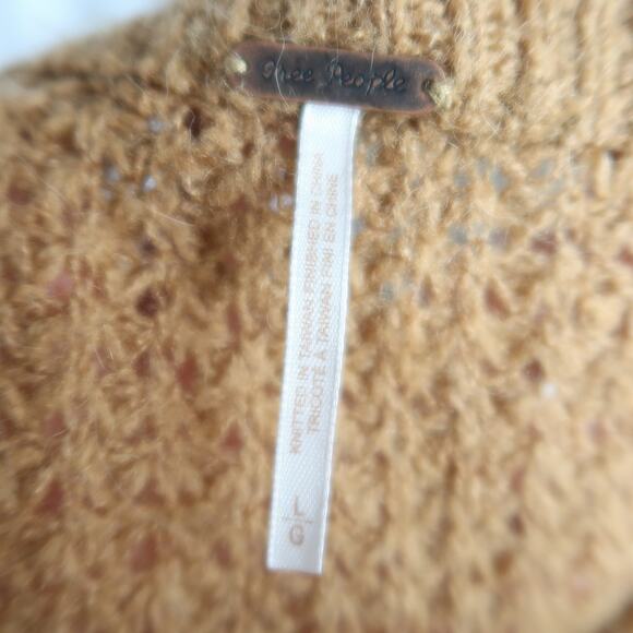 Free People Birchwood camel brown wool blend open knit sweater L - Picture 7 of 8